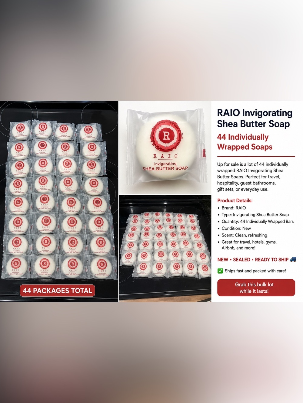 RAIO Invigorating Shea Butter Soap – 44 Individually Wrapped Bars – New